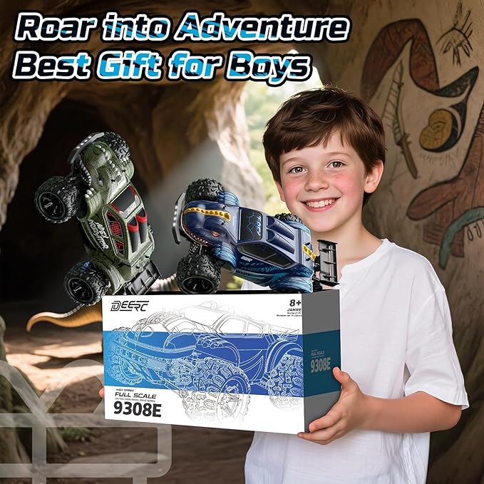 DEERC 9308E 1:16 Fast RC Cars for Boys Age 8-12 RC Monster Truck 40 KPHAll Terrain 4WD High Speed Dinosaur Truck 2 Car Shell2.4Ghz Off-Road Remote Control Cars with 2 Batteries Toy Gift for Kids