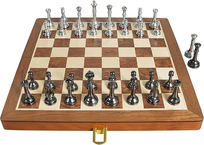 Metal Chess Set for Adults and Kids - 12 Inch Wooden Folding Chess Board and Metal Pieces Travel Portable Chess Set - Extra Queens &amp 2.5 King Ideal Gift for Chess Enthusiasts &amp Beginner
