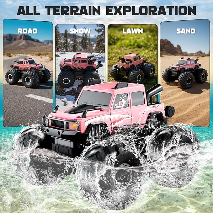 Amphibious Remote Control Trucks2.4G 1:18 4WD All Terrain Off-Road Waterproof Monster RC Cars Pool Toys Hobby RC Vehicle Christmas Birthday Gifts for Kids Boys Girls 8 9 10 11 12+ Pink