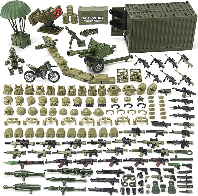 Military Weapons Pack with Shipping Cargo Container Army Equipment Helmet Armor 325Pcs Various of Military Accessories Building Block Toy Compatible with Major Brands Soldier Figures (Olive Green)