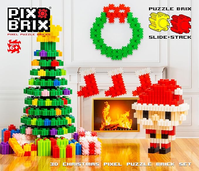 Pix Brix Pixel Art Puzzle Bricks Christmas Scene Puzzle with Display Box Patented Colorful Building Bricks Create 2D and 3D Builds A Fun Festive Pixel Art Set for Kids and Adults