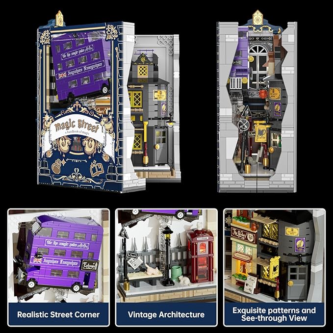 Wizarding Magic Street &amp Floating Iconic Bus Building Set - Enchanted Shop Scene Book Nook Building Set Collectible Fantasy Model for Fans &amp Kids Birthday Gift Idea