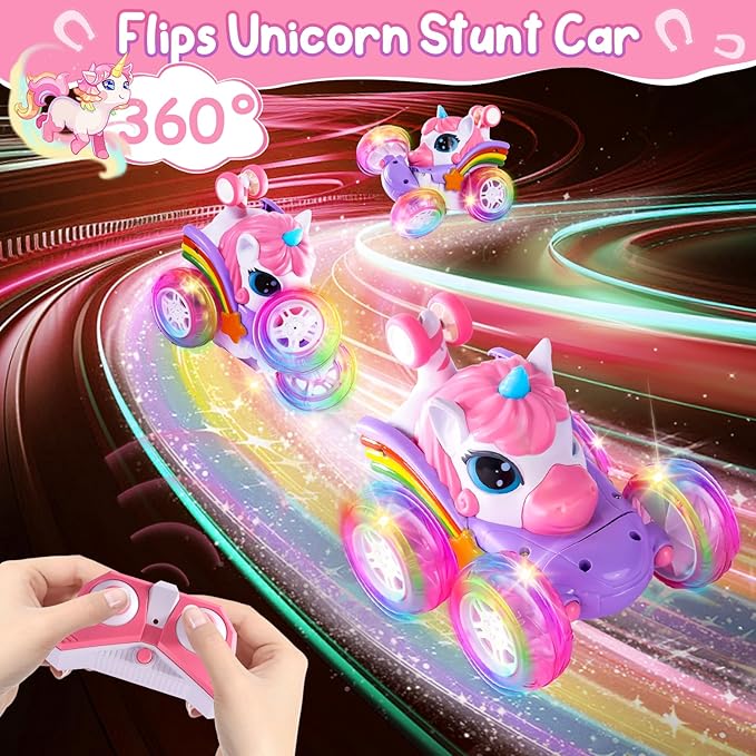 Remote Control Car Unicorn for Girls 360° Rotating 4WD Stunt RC Cars with Cute Cool LED Lights 2.4GHz Toy Car USB Direct Charging RC Cars Birthday Gifts for Kids Girl Age 3-6 7-9 (LY-018)