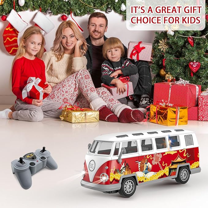 Remote Control Bus 2.4G Remote Control 1962 Volkswagen Classic Bus with Decals Retro Truck Model with Lights Sound Electric Vehicle Playsets Cars for Kids Toy