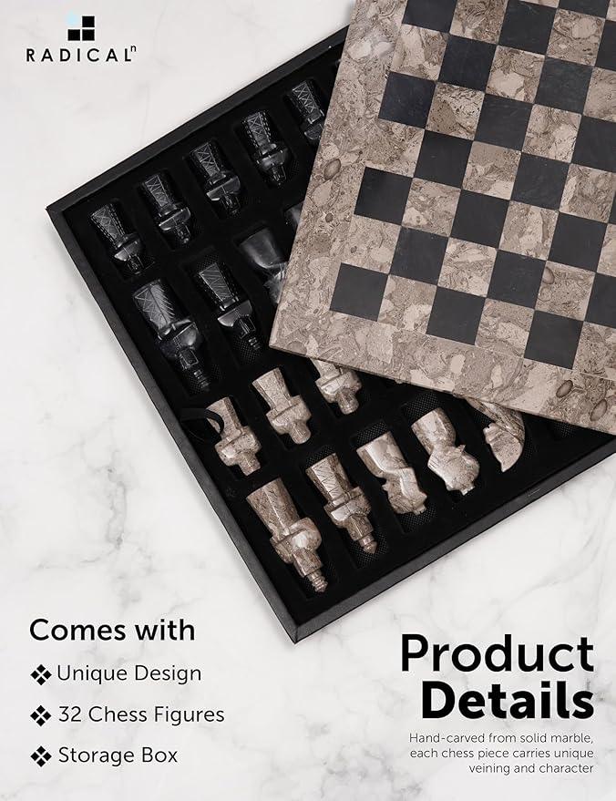 Radicaln Marble Antique Chess Set with Storage Box 15 Inches Oceanic and Black Handmade Board Game 2 Player Classic Chess Sets for Adults Board &amp 32 Chess Pieces