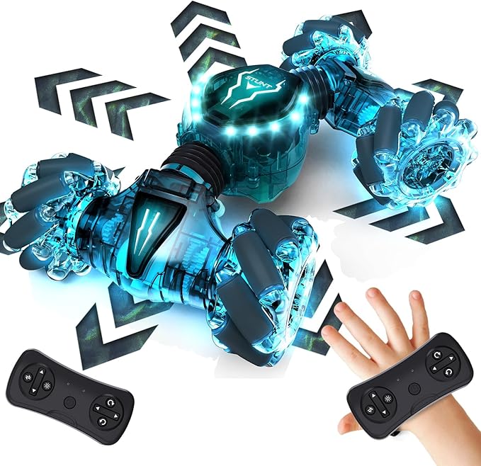 Tecnock Remote Control Car for Boys Girls 2.4GHz 4WD Gesture Sensing RC Stunt Car Toys - 360° Rotating Double Sided Hand Controlled RC Cars with LED Lights Gifts for Kids Ages 6-8 8-12