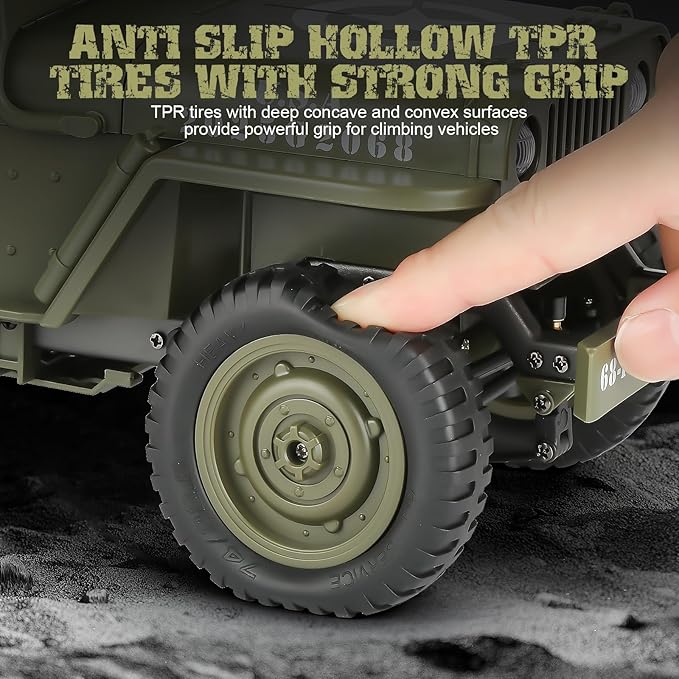 1/10 Scale RC Military SUV Remote Control 4WD Off-Road Vehicle with Alloy Frame Chassis with Winch and Capstan Army Vehicle with Opening Hood and Folding Windshield 2 Batteries