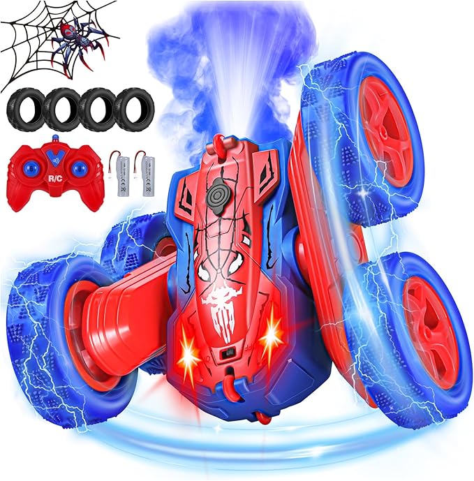Spider Remote Control Car - 360° Flip RC Toys for 4 5 6 7 8 Year Old Boys 2.4Ghz Double Sided RC Stunt Car with Light Spray Birthday Xmas Gifts for Kids Age 4-6 5-7 8-12