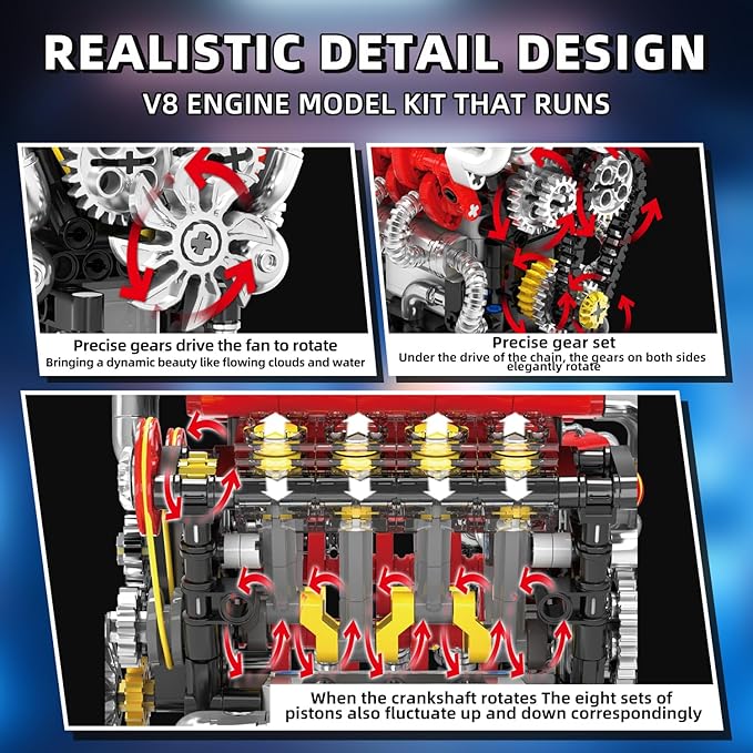 V8 Engine Building Set V8 Engine Model kit That RunBuild Your Own Mini V8 Model Engine Kit with MotorHome or Office DécorSTEM Physical Science Experiment Toy for Kids 8+ and Adults(538PCS)