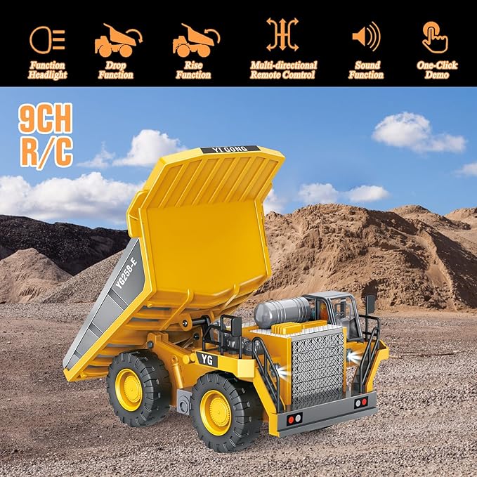 Remote Control Dump Truck - RC Dump Truck Toys with Lights and Sounds 1/24-7 Channel Construction Vehicle Toys for Kids Boys Age 6-8