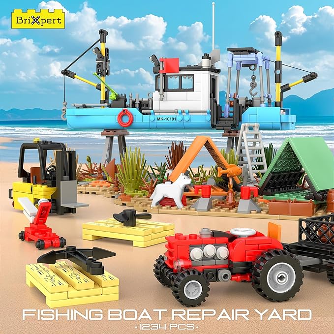 Mould King Seaside City Fishing Boat Building Set Creative Repair Yard with Ship Forklift and Camp DIY Construction Model Kit Idea Gift for Adults &amp Teens 14+ (1234PCS)