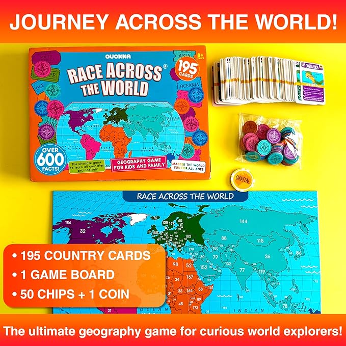 QUOKKA Board Games for Kids 8-12 - Family Games for Kids and Adults - Journey Across the World Card Game Ages 5-9 - Learn Capitals Flags Facts and Map Locations with 195 World Map Cards