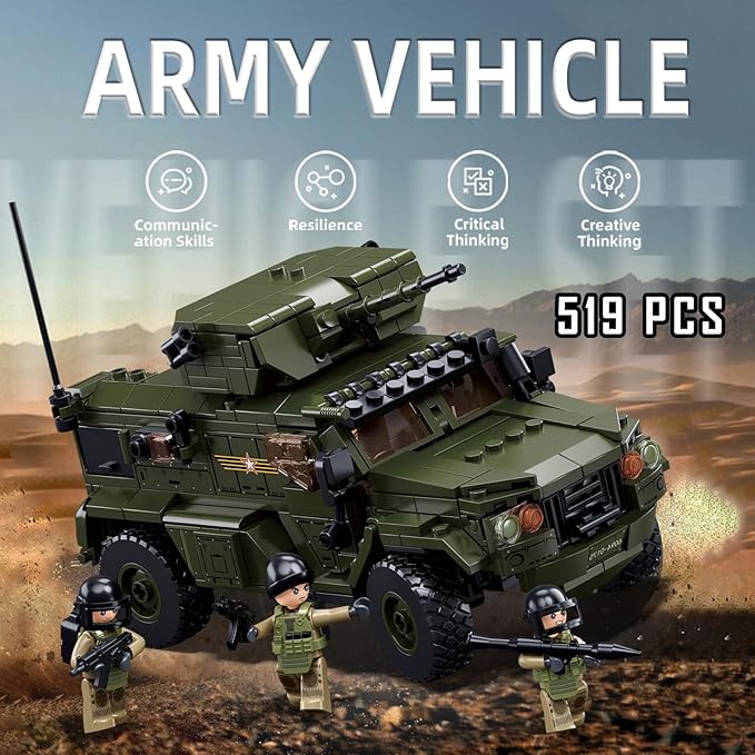 Sluban Military Vehicle Set Building Toy Army Car Military Off-Road Vehicle Model with 4 Soldier Minifigures Gifts for Boys Aged 6-12 Kids Girls Compatible with Lego Military Set 519 PCS