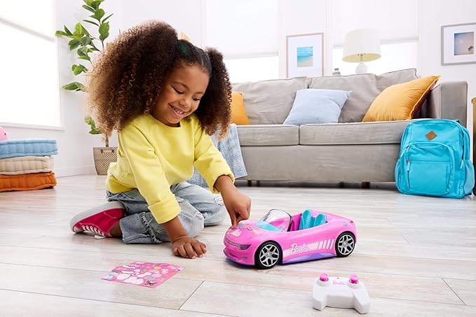 Hot Wheels Barbie RC Toy Car Remote-Control Pink Convertible Can Hold 2 Barbie Fashion Dolls &amp Trunk Opens for Storage Sticker Sheet for Customizing