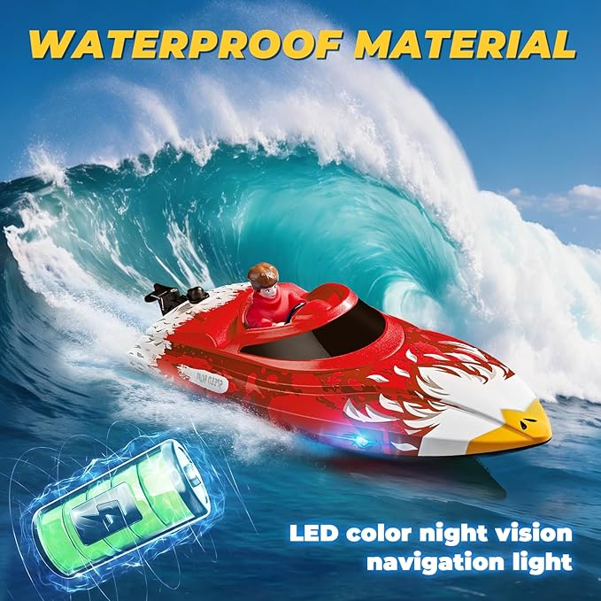 25KMH RC Remote Control Boat with LED Lights Self-Righting Low Battery Alert 2.4GHz with 800 mAh Lithium battery Waterproof Electric Fast Speed Boat for Pool &amp Lake Toy for Boys Girls Red