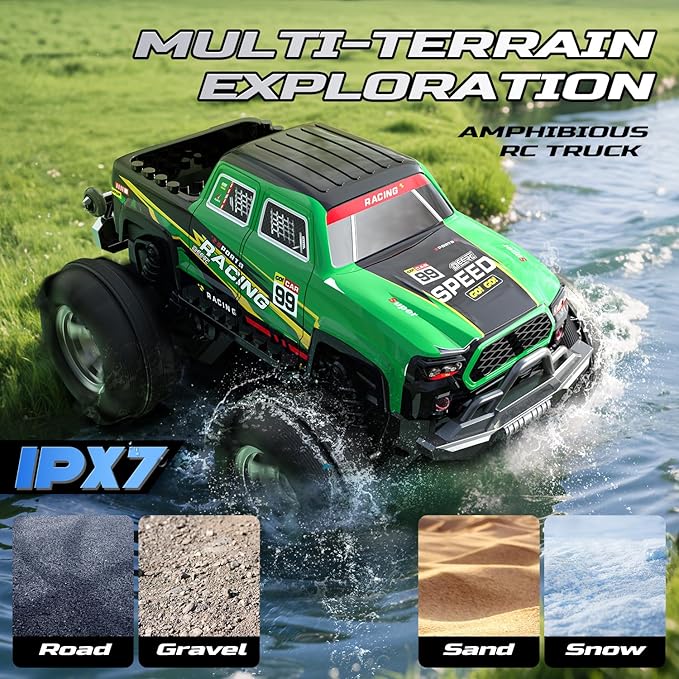 DEERC BG028 Amphibious RC Monster Truck/Boat IPX7 Waterproof Remote Control Car W/Gesture Sensing Control 2.4GHz 4WD RC Car W/ 360°RotationFlowing Light40mins Play RC Truck Toys for Kids Boys