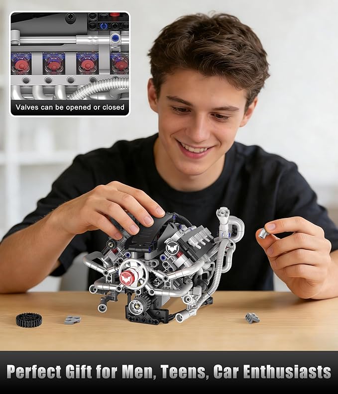 Mini V8 Engine Model Kit That Runs 770PCS Motorized Building Set for Adults with Lights STEM Construction Engineering Toy DIY Project Gift for Men and Teens