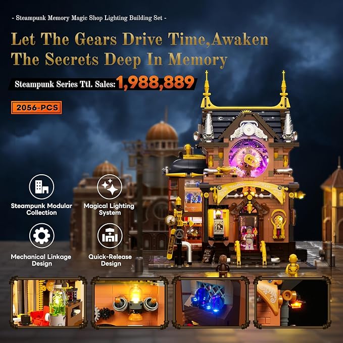 Steampunk Memory Magic Shop Lighting Building-Bricks Set 2056 Pcs Modular Building from Chrono Custodians Collection Display Set for Adults and Steampunk Lovers