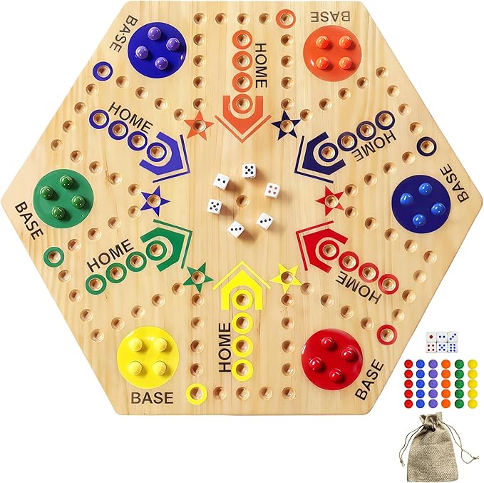 Wooden Board Game Board Game Original Marble Game Double Sided Painted 2 to 6 Player Fast Track Wooden with 6 Colors 24 Marbles 6 Dice for Adults Kids Family(24 INCH)
