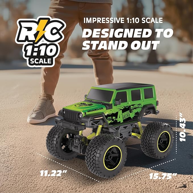 4WD Heavy Metal Remote Control Car Jeep Wrangler RC Truck Toy– 1:10 Scale 4-Door Stamped Metal Body 2.4GHz Control USB Rechargeable Ready to Run Green Great Gift