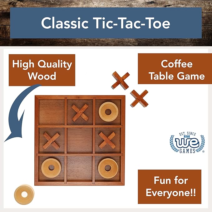 Wooden Tic Tac Toe Game – 9 Inch Solid Wood Board with X and O Pieces Decorative Coffee Table Game Classic Home Décor Accent