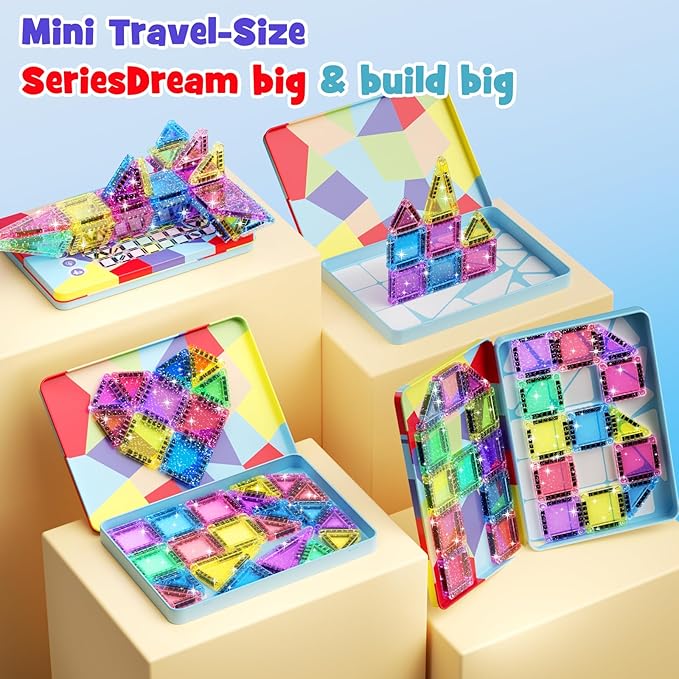 42 Pcs Mini Travel Glitter Magnetic Tiles Magnetic Block Set with Storage Box - STEM Educational Sensory Preschool Building Toy for Toddlers Ideal Kids Gifts for Ages 2 3 4 5 6