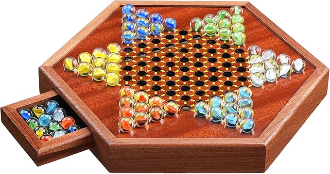 14.2 Wooden Chinese Checkers Board Game with Storage Drawer | 6-Player Marble Strategy Game | Classic Family Board Game for Kids &amp Adults | 16mm 60+12 Colorful Glass Marbles More Easy Grasping