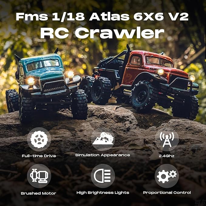 EAZYRC FMS Rochobby 1/10 Atlas Ready Set RC Crawler RC Truck 4X4 with Lighting 2.4GHz RadioBall Bearing Metal-Gear Full4 Link SuspensionRapid Separation Car Body for Adult (1/18 Blue)