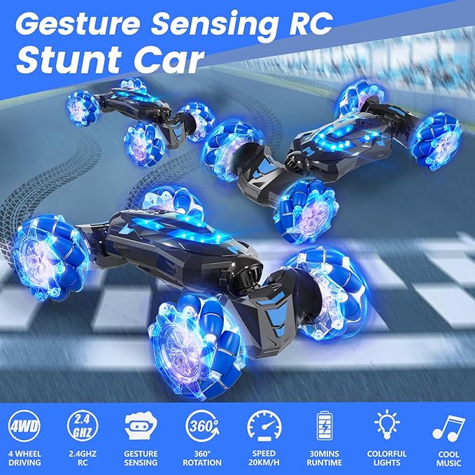 Gesture Sensing RC Stunt Car4WD Drift Hand Controlled 360° Flips Trick Car with Lights &amp Music Toys car is Cool Birthday Gift for Kids Ages 7-12