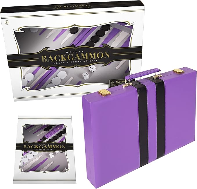 Premium Backgammon 15 Inches Medium Purple - Backgammon Sets for Adults and Kids - Leatherette Back Gammon Board Game Set - Travel Backgammon Set Board Encased with Accessories