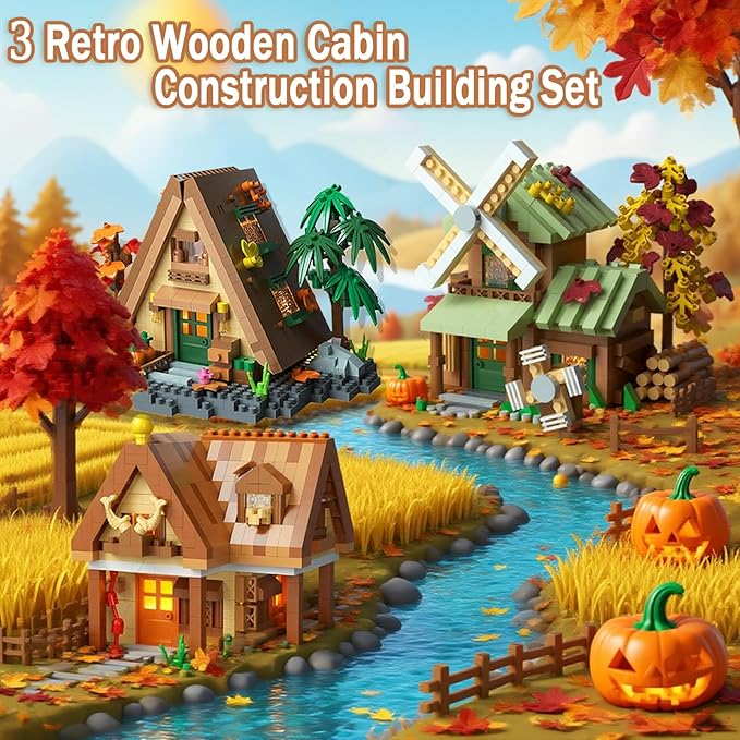 3 Mini Wooden Cabins Micro Building Blocks Toy Set A-Frame House-Mountain Treehouse-Windfall Architecture Kit Compatible with Lego Natural Construction Collection Gift for Adult Teen(2000+PCS)