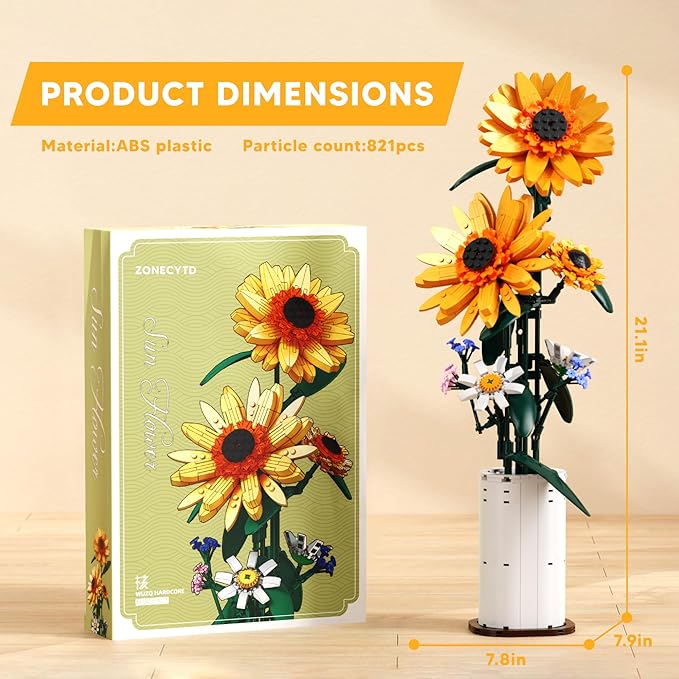 Sunflower Building Blocks Sets Flower Bouquet with Vase for Adults Teens Flower Garden Building Toys for Girls Boys Home Decor - 821Pcs