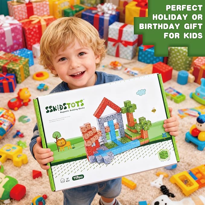 119PCS 1 in Big Size Magnetic Building Blocks Set Magnetic Tiles Kids Build Cubes STEM Game Toys Build Forest World Set Christmas Birthday Gifts for Boys &amp Girls Age 3 4 5 6 7 8 9 10+