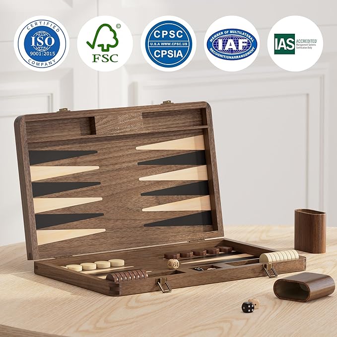 Luxury Walnut Backgammon Set - Wood Board with Travel Case Doubling Cube