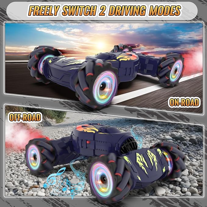 Pristar RC Cars Gesture Sensing RC Stunt Car Toys for Boys Girls 6-12 2.4Ghz 4WD Remote Stunt Car with Spray Lights Music 360° Rotate Fast Off-Road Transform Birthday Xmas Gifts for Kids Age 6-12