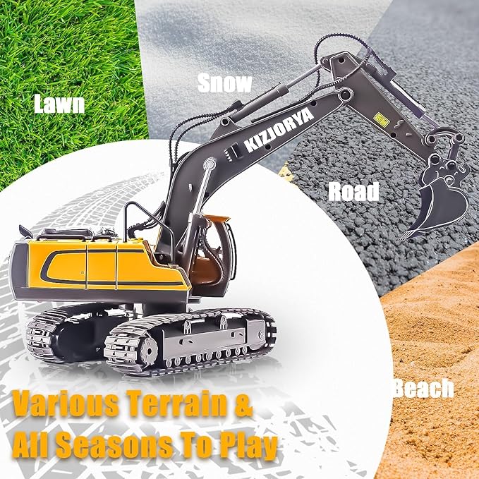 Remote Control Excavator Toys for Boys Age 6-12 Rechargeable 11 CH RC Construction Vehicles Truck with Sound Light Metal Shovel Birthday for Kids 7 8 9 10+ Year Old(2.4 GHz)