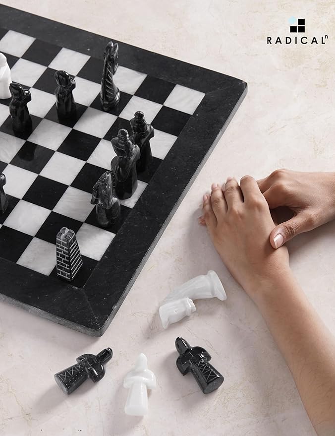 Radicaln Marble Antique Chess Set with Storage Box 15 Inches Black and White Handmade Board Game 2 Player Classic Chess Sets for Adults Board &amp 32 Chess Pieces