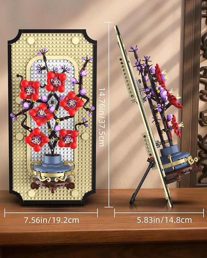 Plum Blossom Building Set for Adults 3D Wall Art Frame Decor Botanical Flower Blocks Kit Home Office Wall Decor Birthday for Women &amp Plant Lovers (529 PCS)