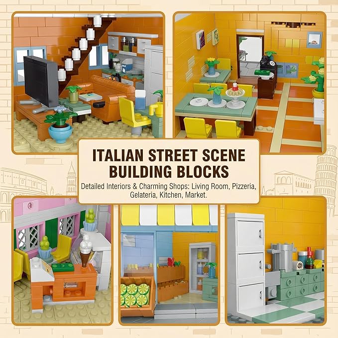 Italian Street View Building Blocks Set - 3-Story Pizza Shop &amp Lemon Store Modular Bricks with Fountain &amp Balcony Details 4017 Pieces for Adults &amp Teens Collectible Architecture Model Ki