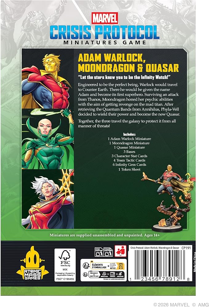 Asmodee Marvel: Crisis Protocol Adam Warlock Moondragon &amp Quasar Character Pack - Includes 3 Miniatures Tactic Cards &amp Infinity Gems Tabletop Superhero Game Ages 14+ 2 Players 90 Min Pla