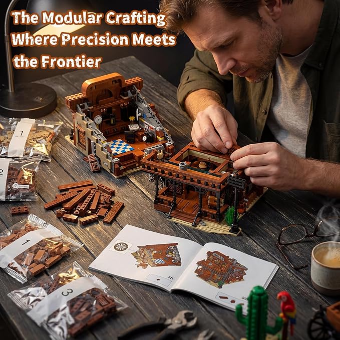 Western Bar Modular Building Set for Adults Wild West Cowboys Cabin with Horses &amp LED Lights Collection House Set for West Lovers (1834 PCS)