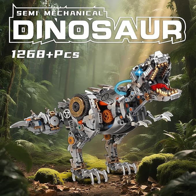 Mechanical Dinosaur Building Blocks Linkage Kit Jurassic Animal Tyrannosaurus Rex Model with Lighting &amp Display Stand STEM Toy DIY Desktop Ornament for Kids Ages 12+ Birthday Gift Idea