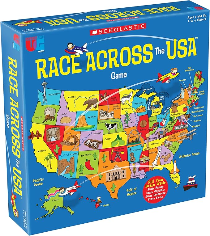 University Games Scholastic Race Across the USA Board Game  Geography Learning Game for Kids and Families for 2 to 4 Players Ages 8 and Up