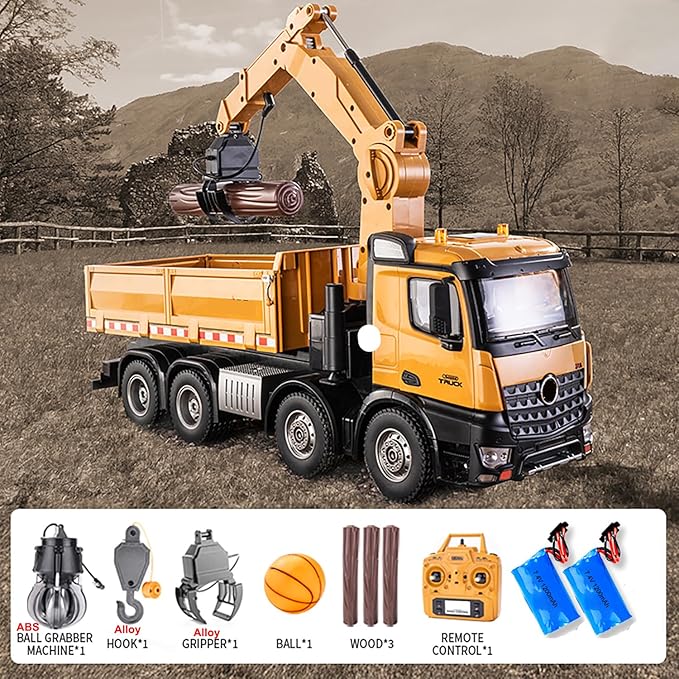 Remote controlled dump truck large 18.8 inches (48CM) 1:14 vehicle model three in one grab head replaceable construction transport vehicle remote control model Suitable for adults 14+ (dual battery)
