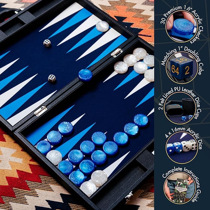 19 Inch Premium Backgammon Sets for Adults Leather Black - Blue. Premium 1.6 Inch Checkers &amp Dice Set Travel Backgammon Set Large Backgammon Board Game Backgammon Game Set