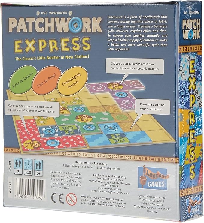 Patchwork Express Board Game - Fast-Paced Two-Player Quilting Strategy Game! Interactive Puzzle Game for Kids &amp Adults Ages 6+ 2 Players 20 Minute Playtime Made by Lookout Games