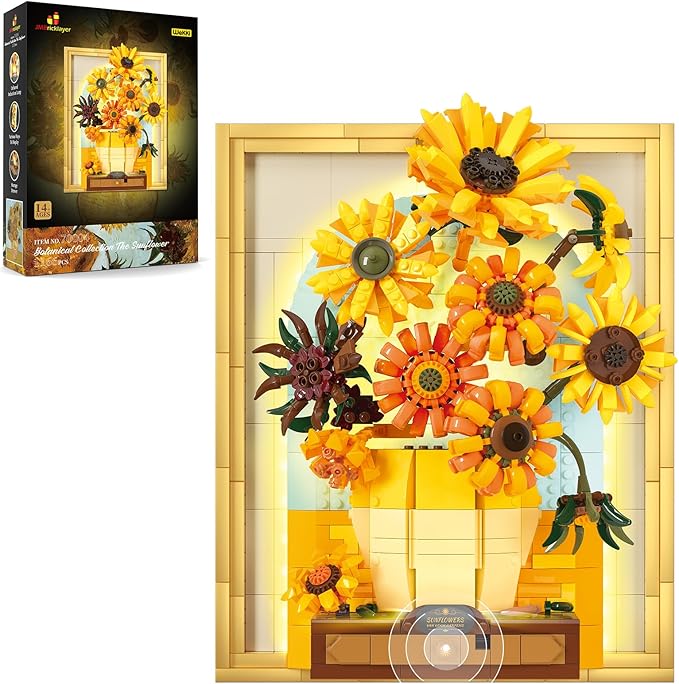 JMBricklayer Flowers Sunflower Building Sets for Adult with Lights 70004 Van Gogh Wall Art Crafts Ideas Flower Bouquet Painting Frame Room Decor Valentine’s Day Birthday Gifts for Women Girl