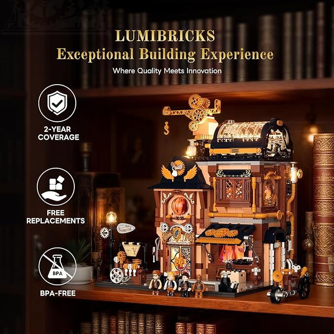 Steampunk Mechanical Workshop Lighting Building-Bricks Set 2006 Pcs The Sky-Lane Repair Shop Modular Building from Aeronauts Collection Display Set for Adults and Steampunk Lovers