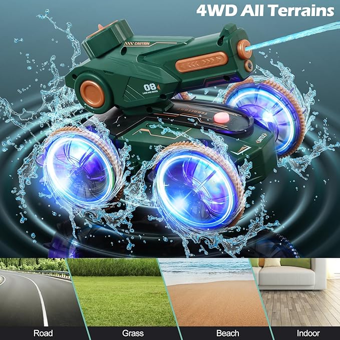Toys for Kids 6-12 Remote Control Car Boat Gifts for Boys 5-7 8 9 10 11 Year Old Amphibious RC Boats Water Squirt Gun with Light &amp Self-Dispensing Pool Outdoor Beach Toy for Kids