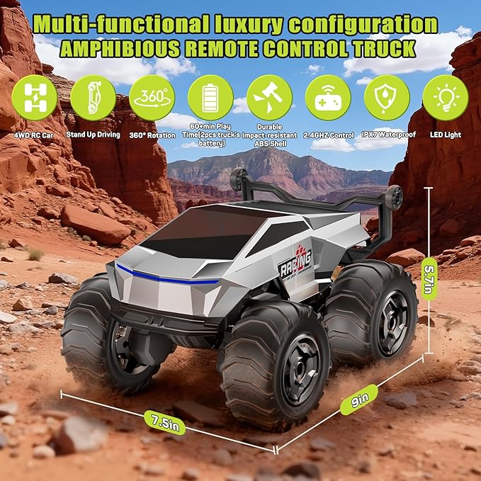 1:16 RC Truck Remote Control Car 4WD Waterproof Amphibious RC Car All Terrain PickupTIME4DEALS 2.4GHz Remote Monster Truck with 360° Rotating Standing Stunt Toy Truck for Kids Boys 6 7 8 9 10 11 12+
